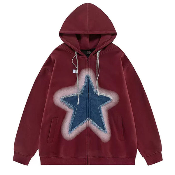Y2K Denim Star Zip Up Hoodie - Vedlit