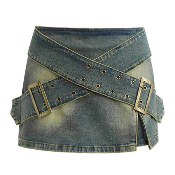 Double Buckle Denim Mini Skirt - Vedlit