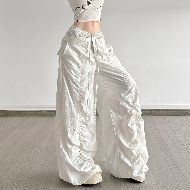 Drawstring Ruched Wide Leg Cargo Pants in White - Vedlit