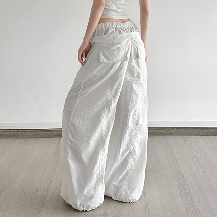 Drawstring Ruched Wide Leg Cargo Pants in White - Vedlit