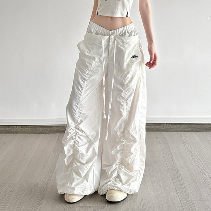 Drawstring Ruched Wide Leg Cargo Pants in White - Vedlit