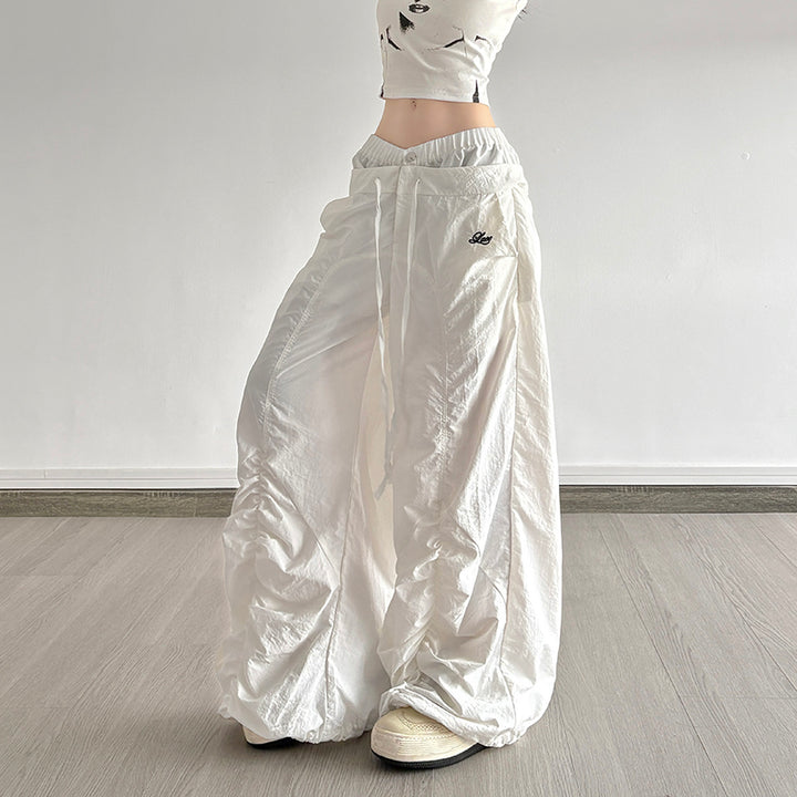 Drawstring Ruched Wide Leg Cargo Pants in White - Vedlit