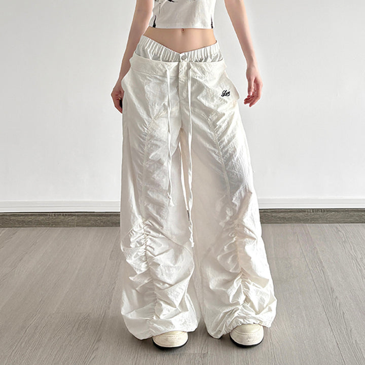 Drawstring Ruched Wide Leg Cargo Pants in White - Vedlit