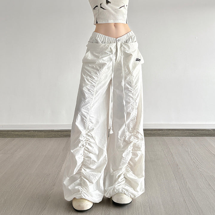 Drawstring Ruched Wide Leg Cargo Pants in White - Vedlit