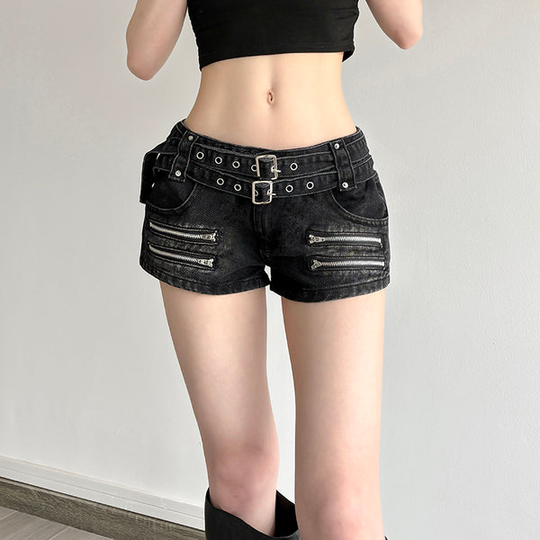 Edgy Belted Black Denim Shorts with Zipper Details - Vedlit