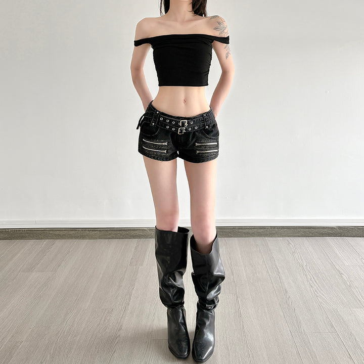 Edgy Belted Black Denim Shorts with Zipper Details - Vedlit