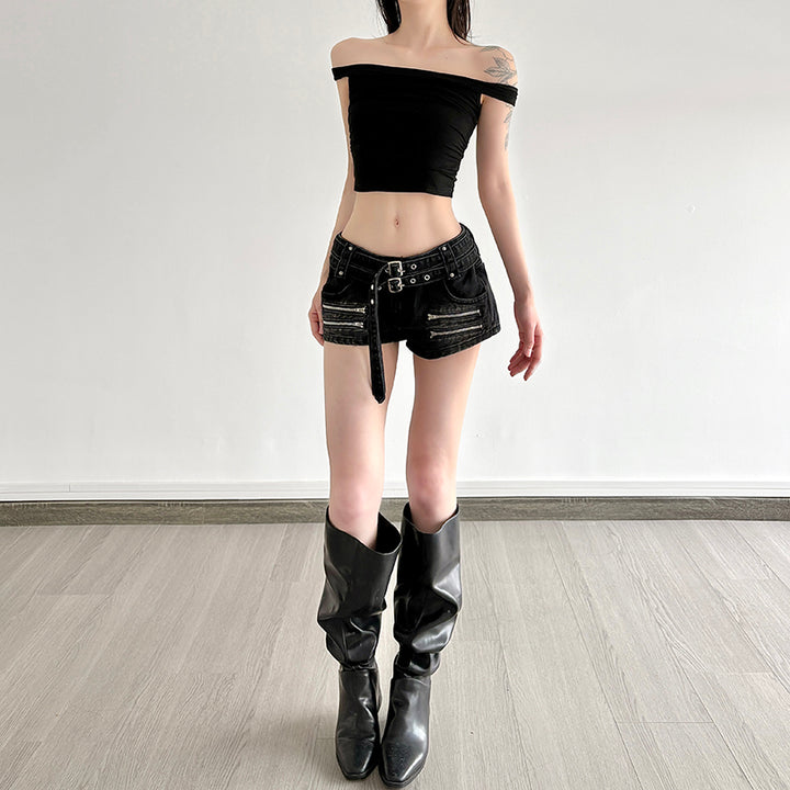 Edgy Belted Black Denim Shorts with Zipper Details - Vedlit