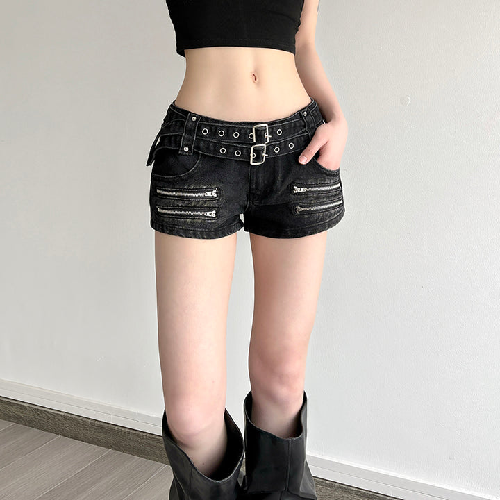 Edgy Belted Black Denim Shorts with Zipper Details - Vedlit