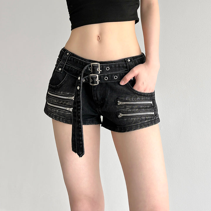 Edgy Belted Black Denim Shorts with Zipper Details - Vedlit