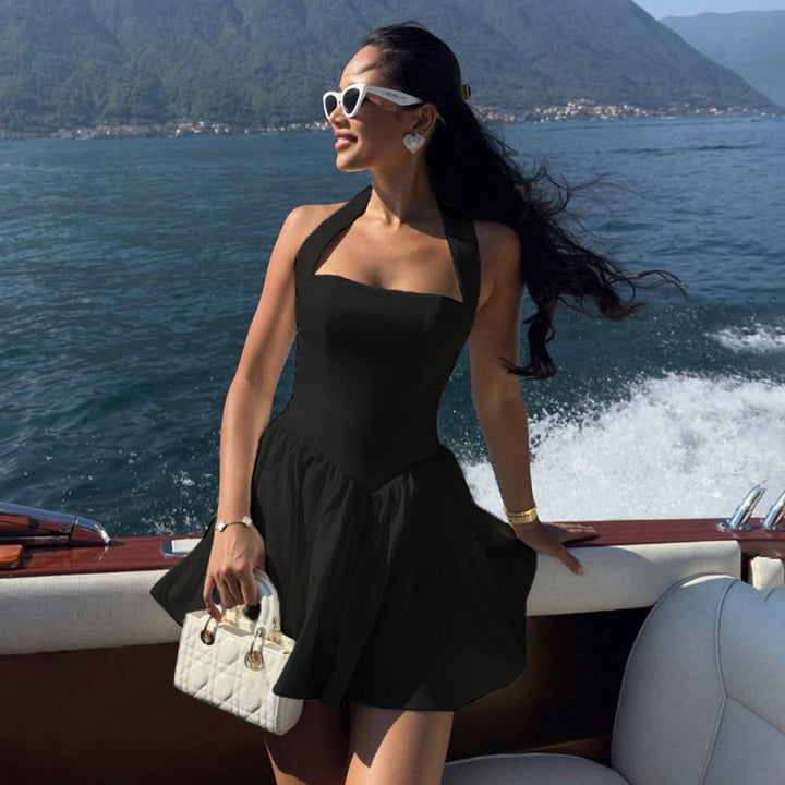 Elegant Halter Fit-and-Flare Mini Dress with Square Neckline - Vedlit