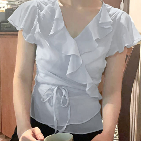 Elegant Ruffle V-Neck Chiffon Wrap Blouse with Waist Tie - Vedlit