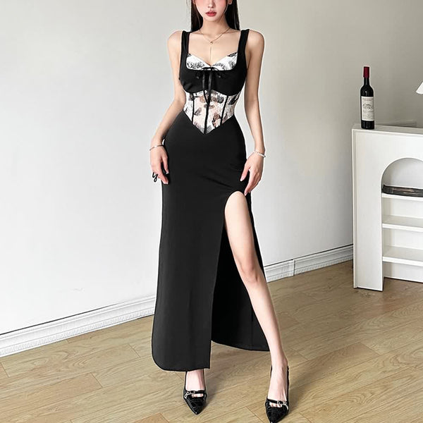 Elegant Slit Corset Maxi Dress - Vedlit