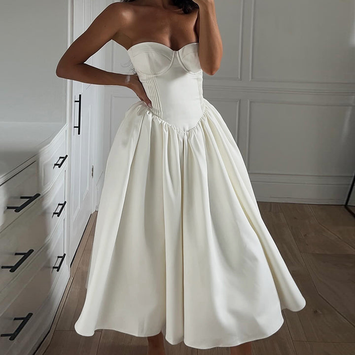 Elegant Strapless Corset Midi Dress in White - Vedlit