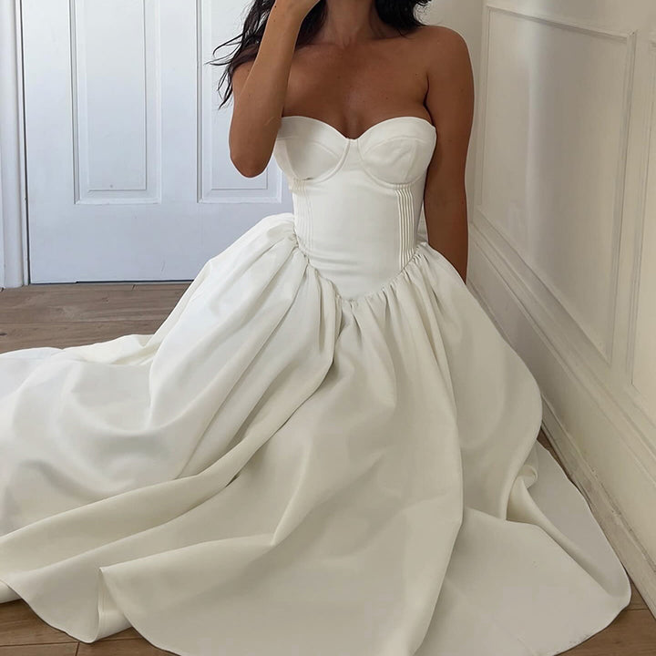 Elegant Strapless Corset Midi Dress in White - Vedlit