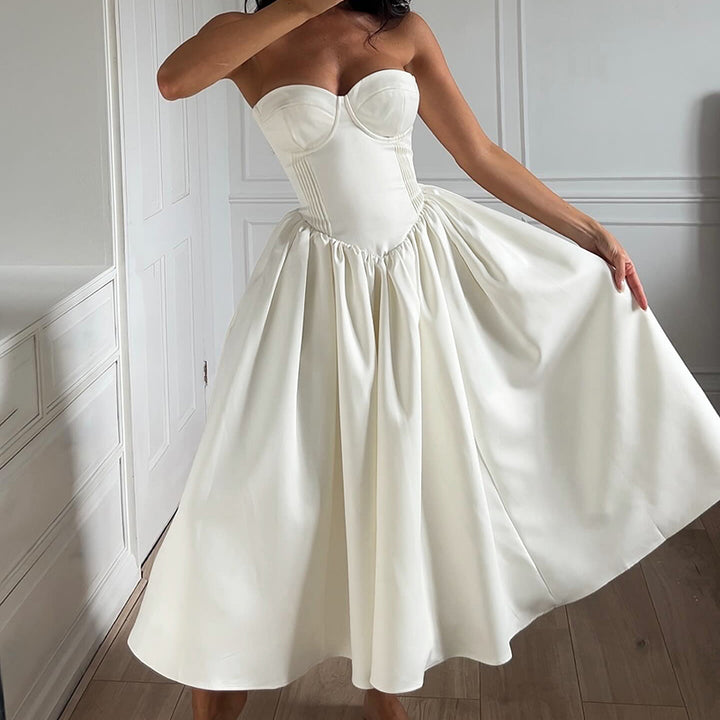 Elegant Strapless Corset Midi Dress in White - Vedlit
