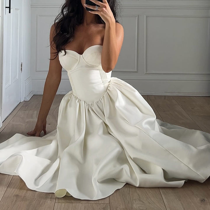 Elegant Strapless Corset Midi Dress in White - Vedlit