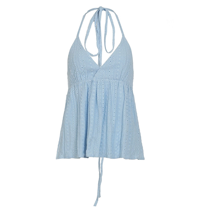 Embroidered Halter Backless Summer Top in White or Blue - Vedlit
