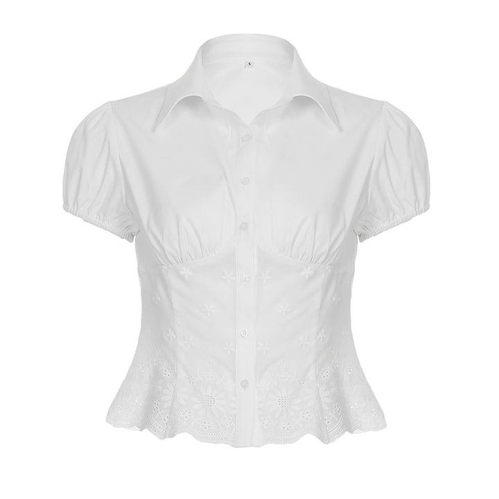 Embroidered Puff Sleeve Corset Blouse Top - Vedlit