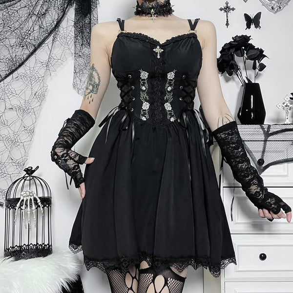 Embroidery Gothic Rose A-line Mini Dress - Vedlit