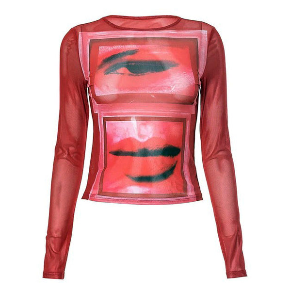 Eye & Lips Print Mesh Top in Red - Vedlit