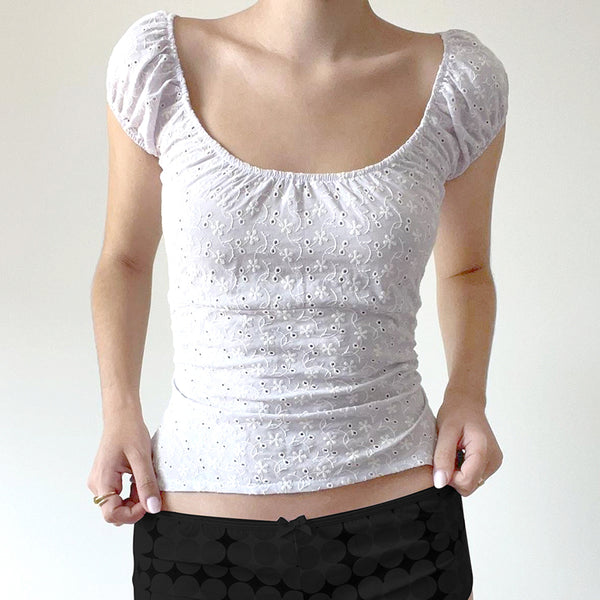 Eyelet Lace Puff Sleeve Back Tie Top - White Feminine Chic - Vedlit