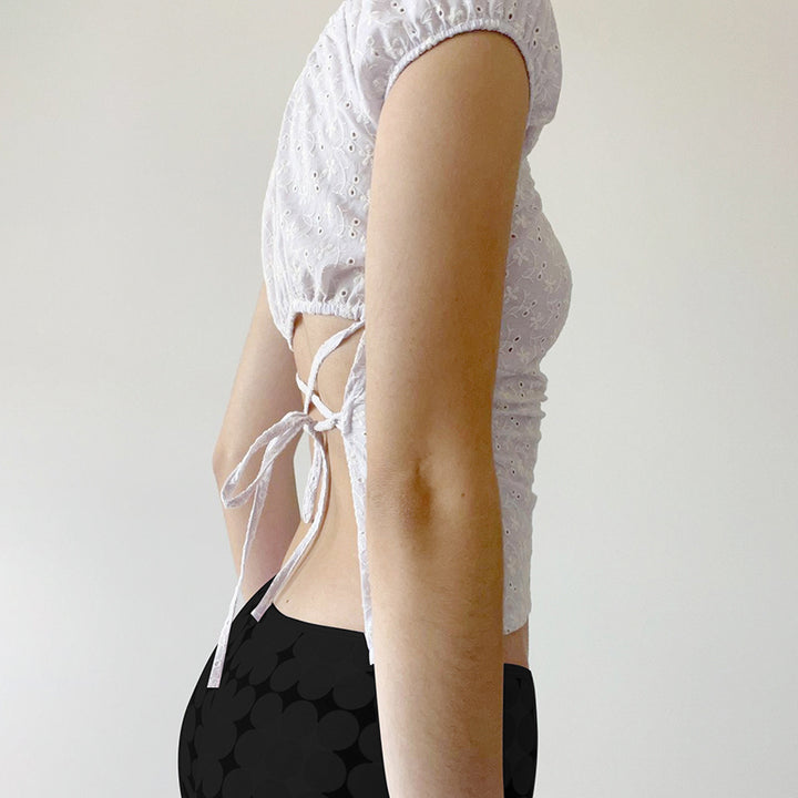 Eyelet Lace Puff Sleeve Back Tie Top - White Feminine Chic - Vedlit
