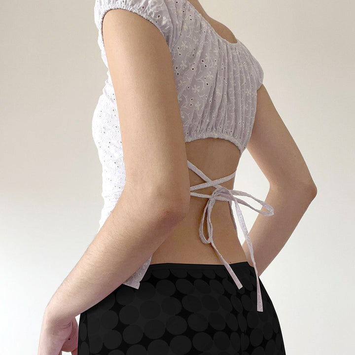 Eyelet Lace Puff Sleeve Back Tie Top - White Feminine Chic - Vedlit