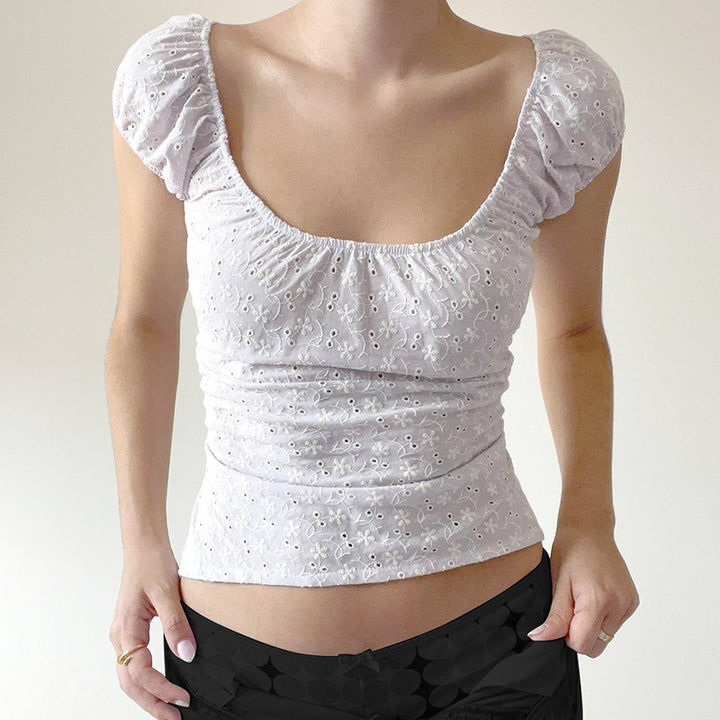 Eyelet Lace Puff Sleeve Back Tie Top - White Feminine Chic - Vedlit