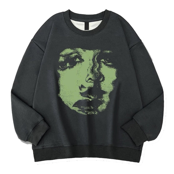 Face Print Grunge Oversized Sweatshirt - Vedlit