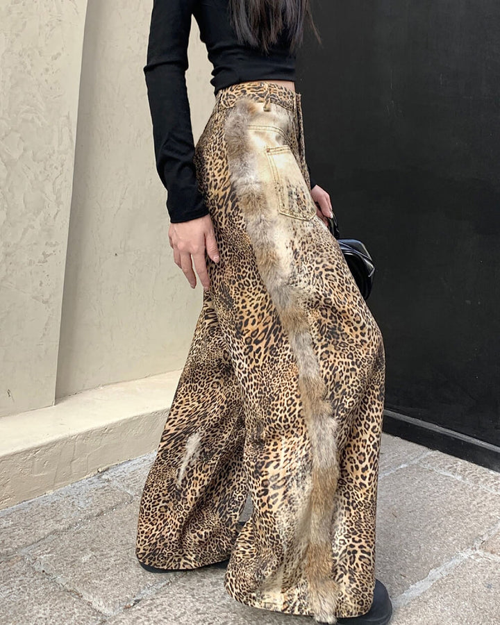 Faded Leopard Print Wide-Leg Trousers - Vedlit