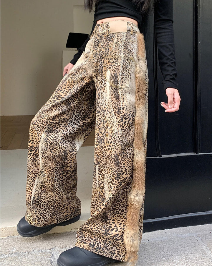 Faded Leopard Print Wide-Leg Trousers - Vedlit