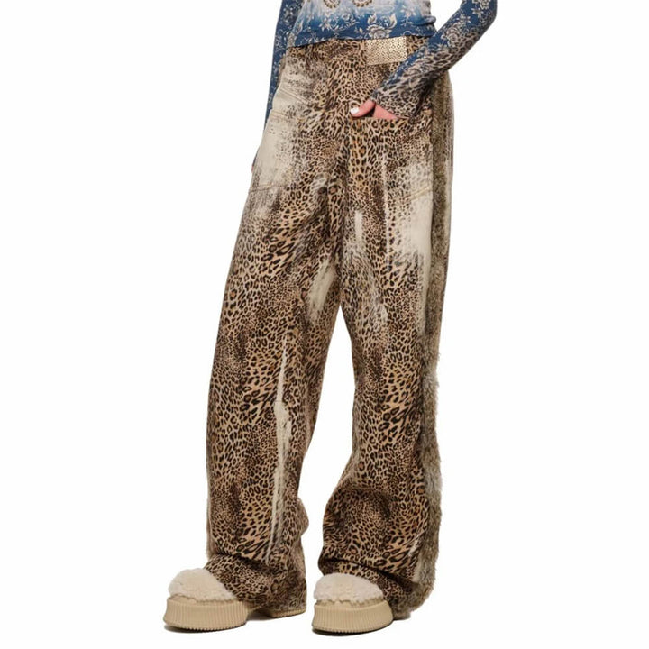 Faded Leopard Print Wide-Leg Trousers - Vedlit