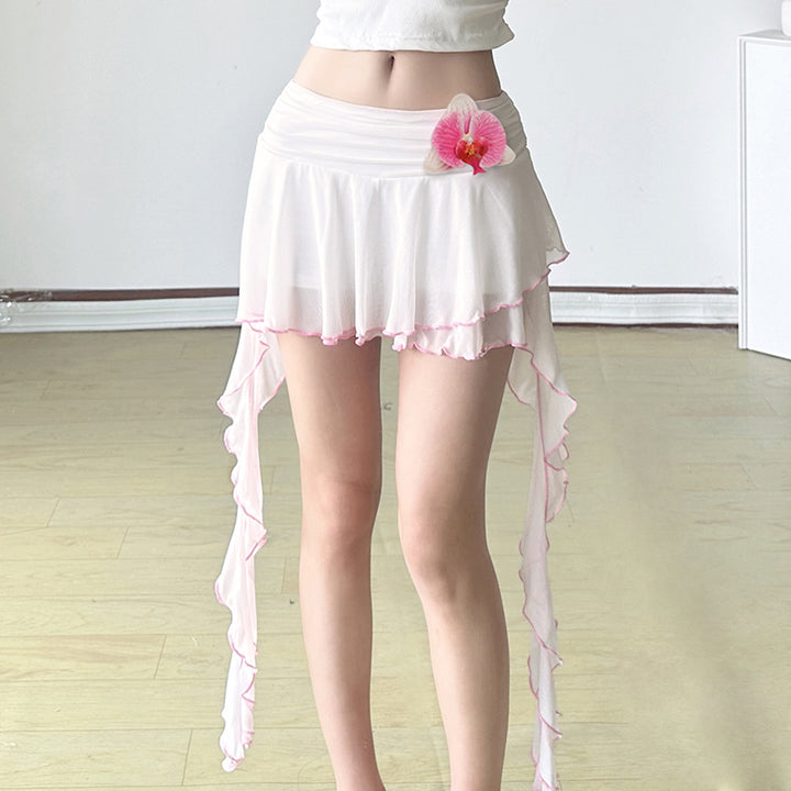 Fairycore Asymmetrical Ruffle Mini Skirt with Orchid Detail - Vedlit