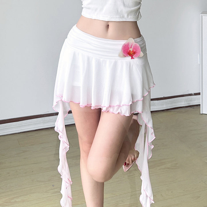 Fairycore Asymmetrical Ruffle Mini Skirt with Orchid Detail - Vedlit