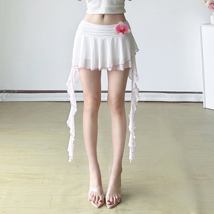 Fairycore Asymmetrical Ruffle Mini Skirt with Orchid Detail - Vedlit