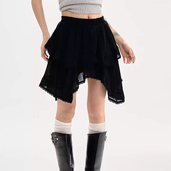 Fairycore Asymmetric Lace Ruffle Skirt - Vedlit