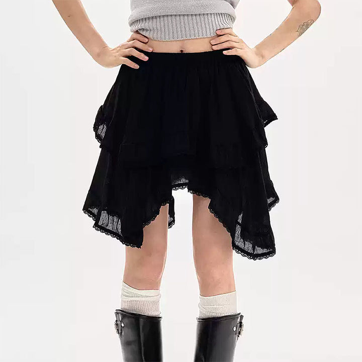 Fairycore Asymmetric Lace Ruffle Skirt - Vedlit