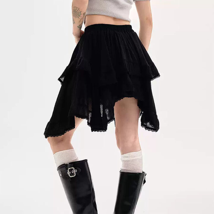 Fairycore Asymmetric Lace Ruffle Skirt - Vedlit