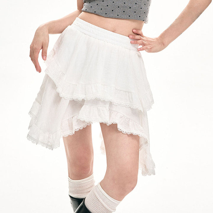 Fairycore Asymmetric Lace Ruffle Skirt - Vedlit