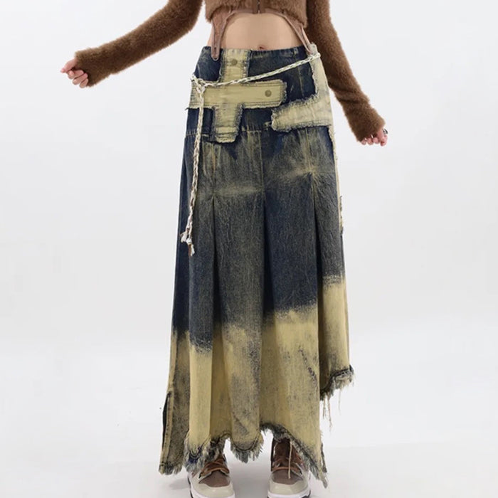 Fairy Grunge Washed Long Denim Skirt - Vedlit