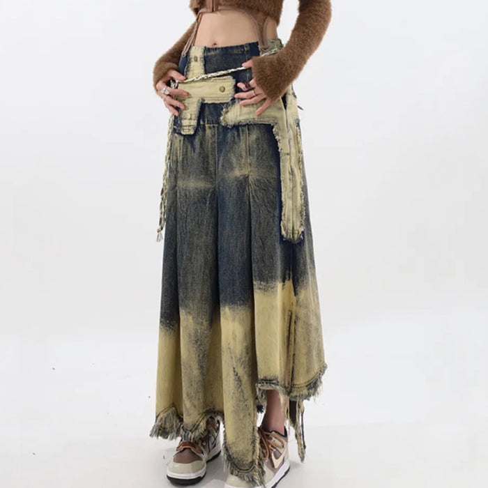 Fairy Grunge Washed Long Denim Skirt - Vedlit