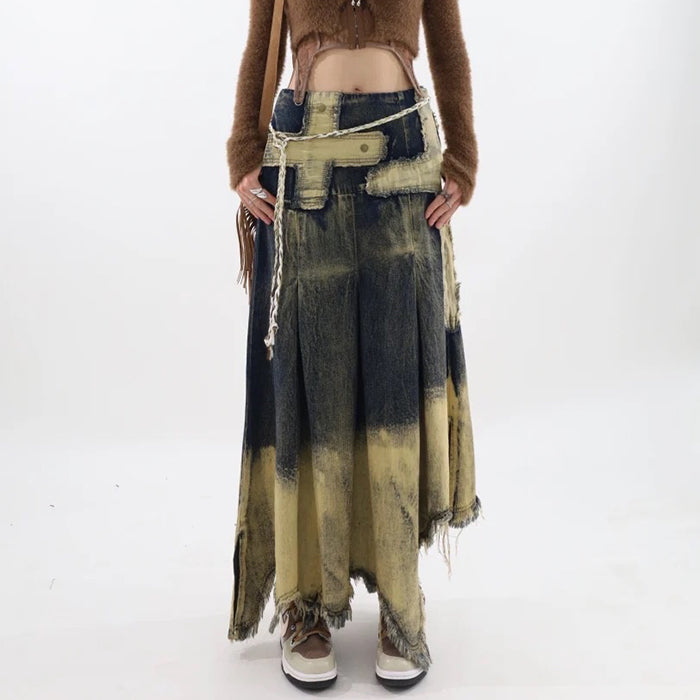 Fairy Grunge Washed Long Denim Skirt - Vedlit