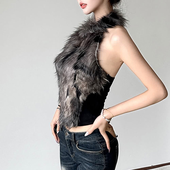 Faux Fur Open Back Halter Top - Vedlit