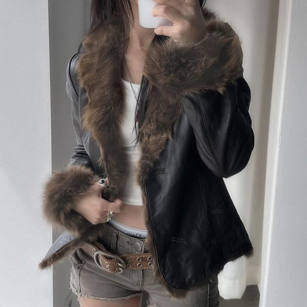 Faux Leather Plush Fur Trim Jacket - Vedlit