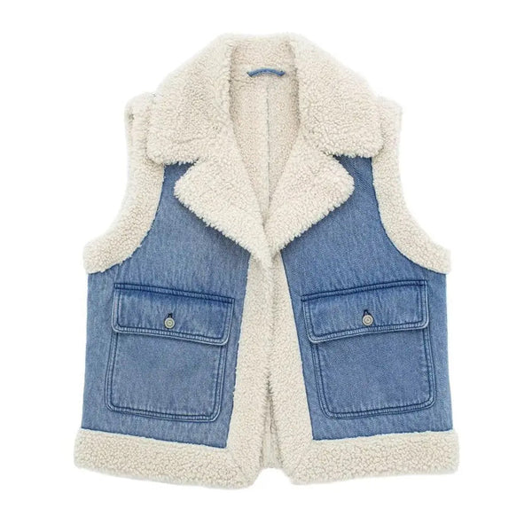 Faux Sherpa Lined Denim Vest - Vedlit
