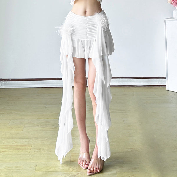 Feather Trim Asymmetrical Ruffle Mini Skirt in White - Vedlit