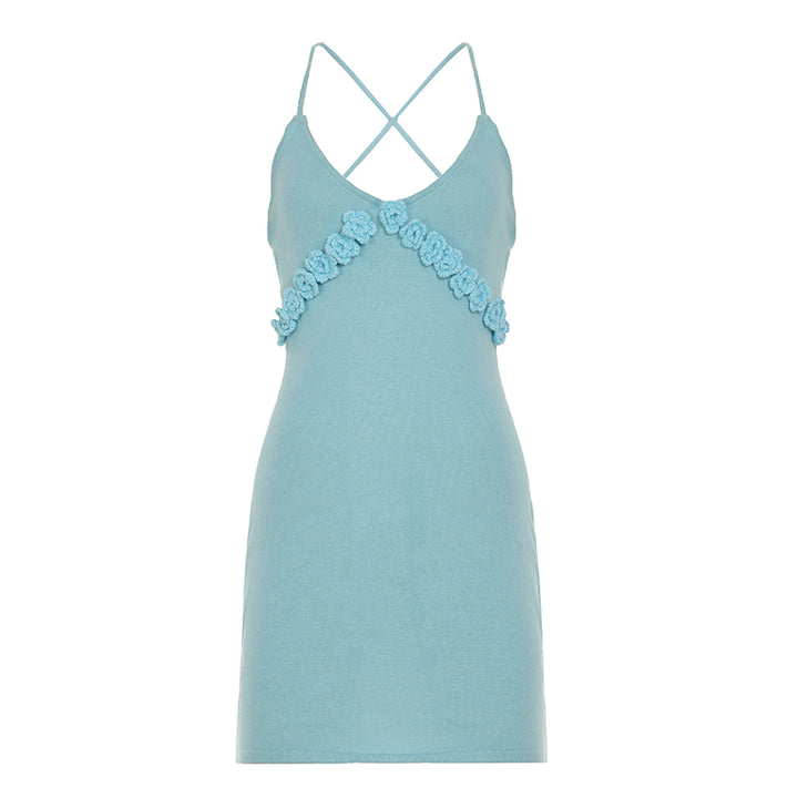 Floral Appliqué Backless Mini Dress with Spaghetti Straps - Vedlit