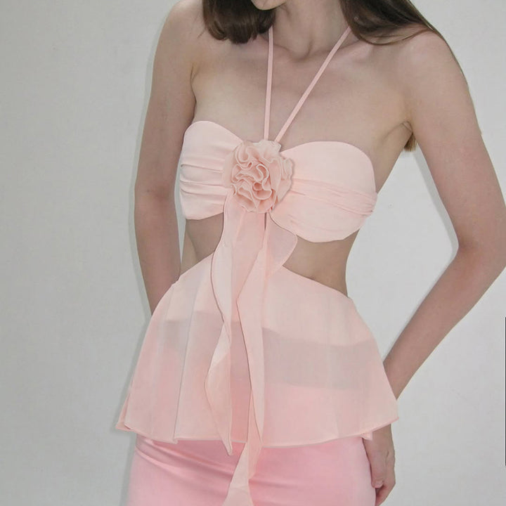Floral Chiffon Rosette Cutout Halter Top in Pink or White - Vedlit