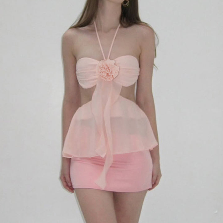 Floral Chiffon Rosette Cutout Halter Top in Pink or White - Vedlit