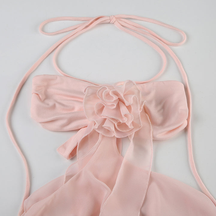 Floral Chiffon Rosette Cutout Halter Top in Pink or White - Vedlit